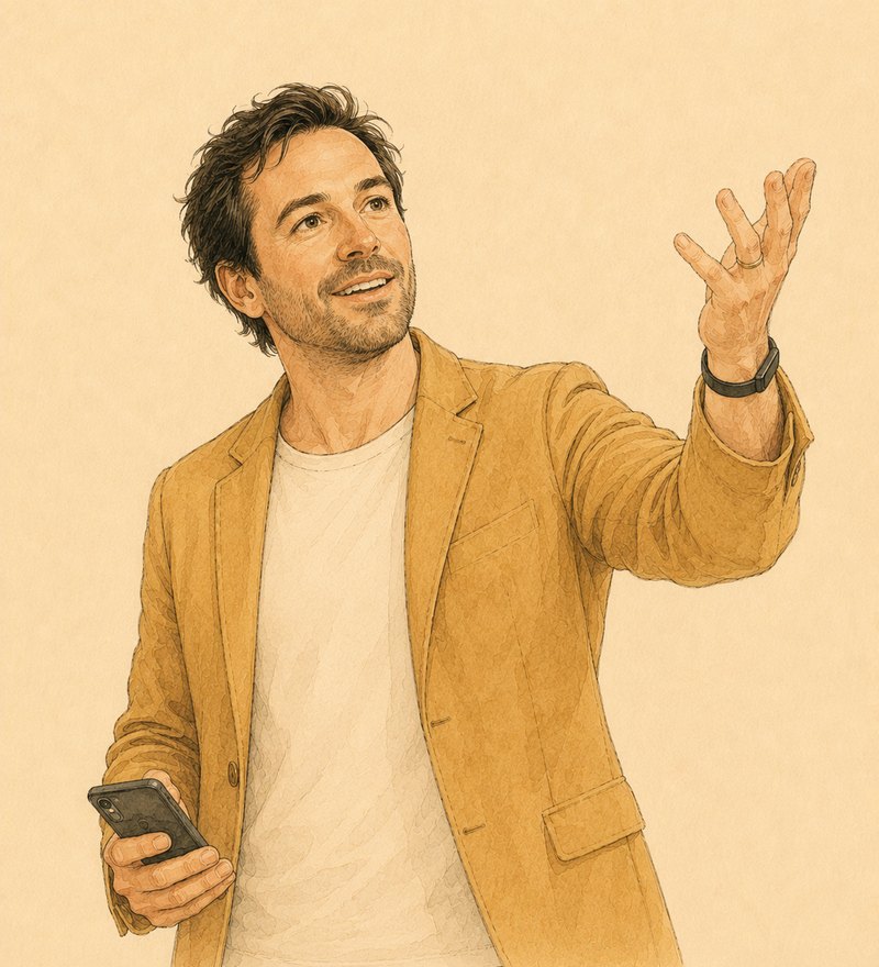 Daniel, Founder and CEO, mid vision speech with one hand raised and a phone in the other