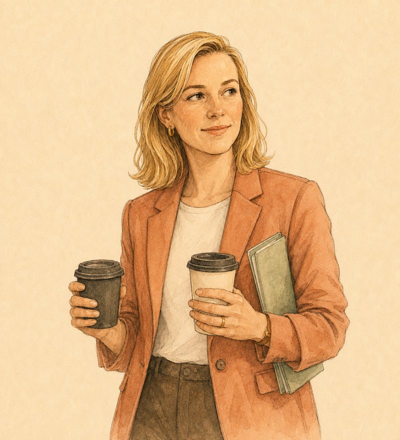 Kate, Chief of Staff, holding two coffees, one of them for someone else