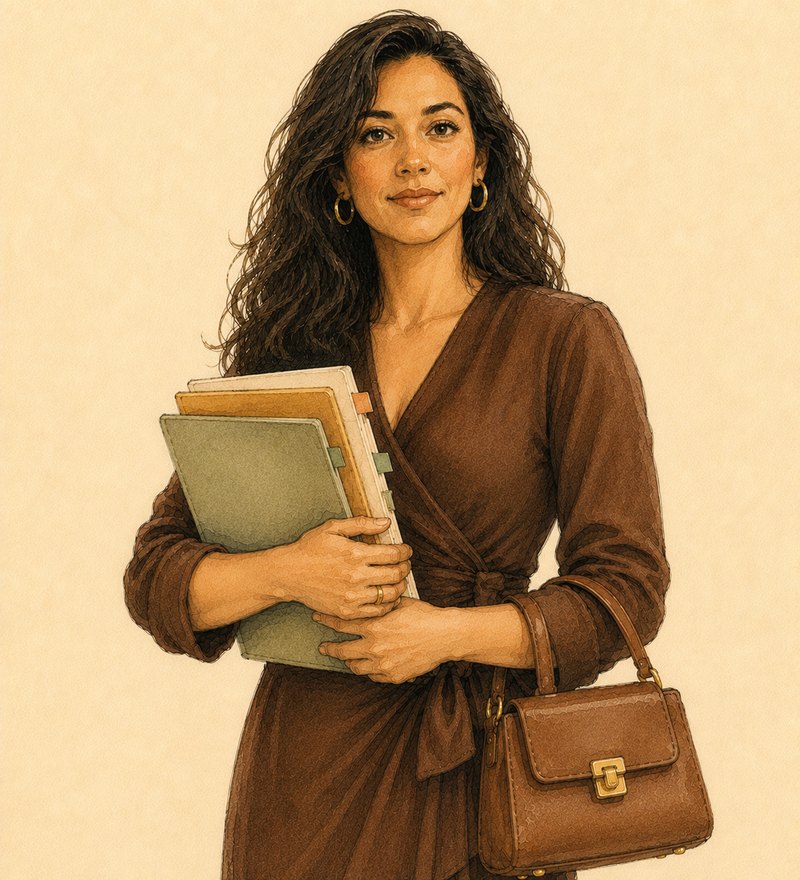 Priya, Head of Marketing, holding three folders, one for each version of the deck