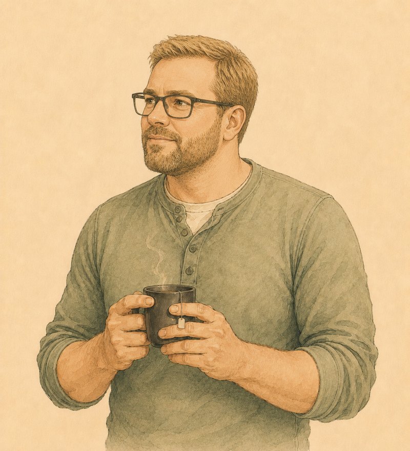 Tom, Engineering Lead, holding a mug of tea in both hands